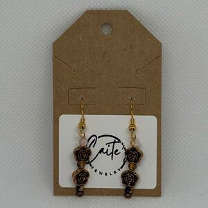 Handmade Gold Fishhook Earrings with Rose and Gemstone Beads
